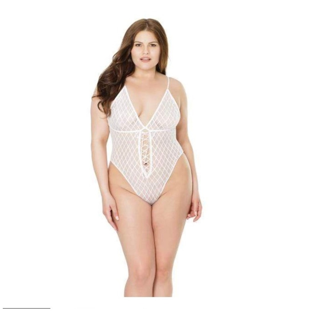 Coquette XL Fashion High Cut Mesh Teddy with Lace Up Detail Queen White 2483 NEW